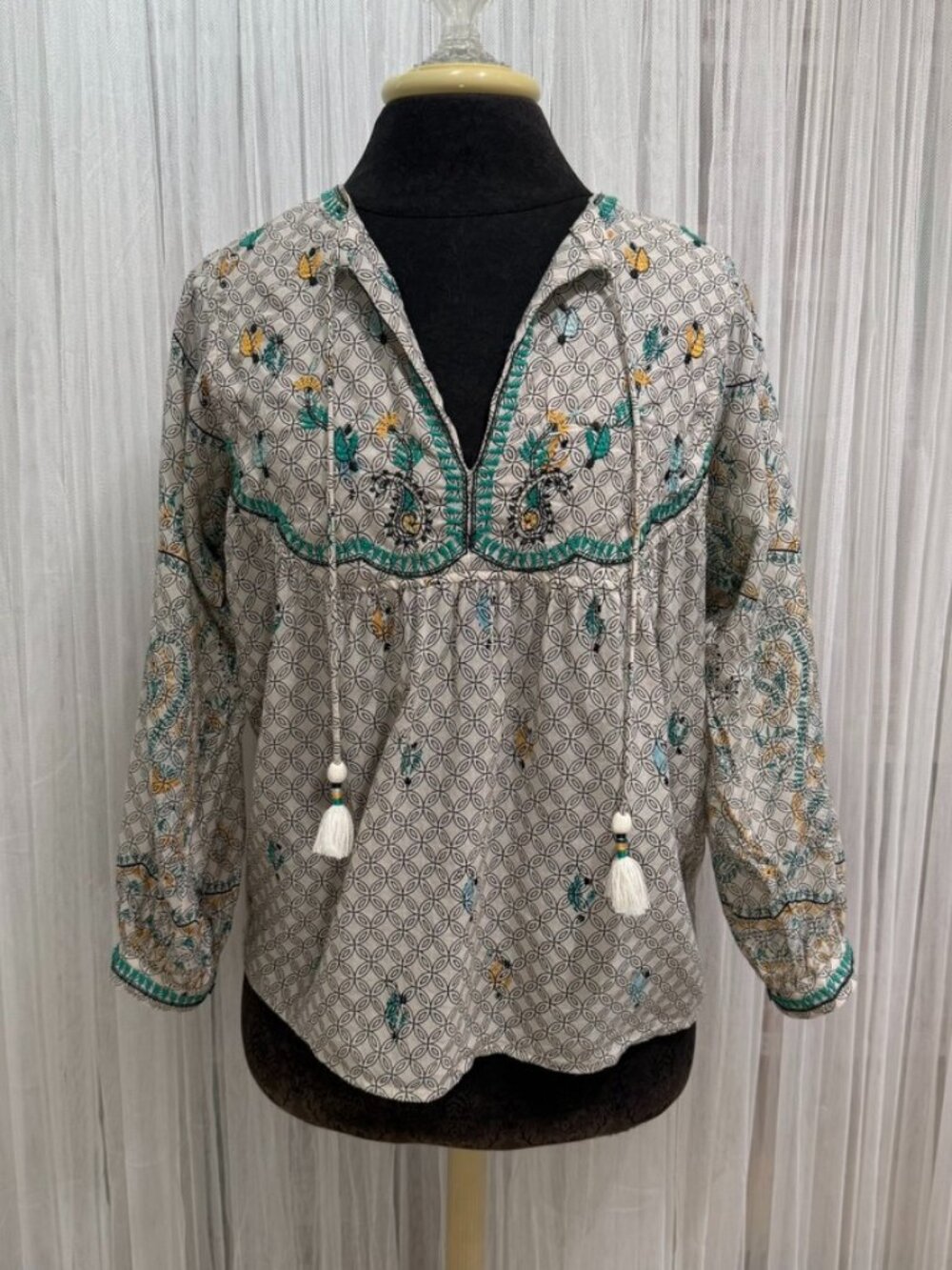 Lucky Brand Womens Boho Peasant Blouse Small Beige Floral Tassel Embroidered